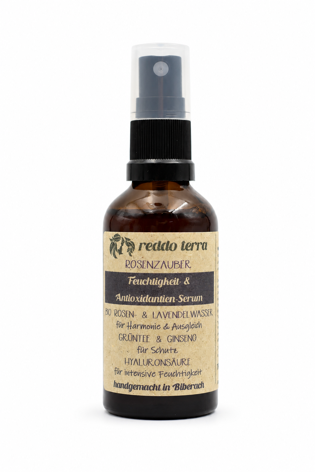 Rosenzauber Feuchtigkeits- und Antioxidantien-Serum von Reddo Terra in brauner Glasflasche