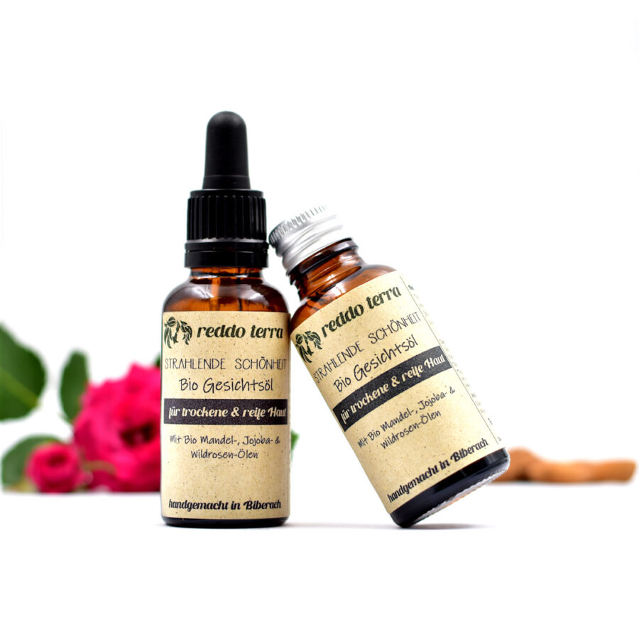 Strahlende Schönheit Bio Gesichtsöl für trockene und reife Haut mit Mandel, Jojoba und Wildrosen-ölen Reddo Terra Naturkosmetik Biberach
