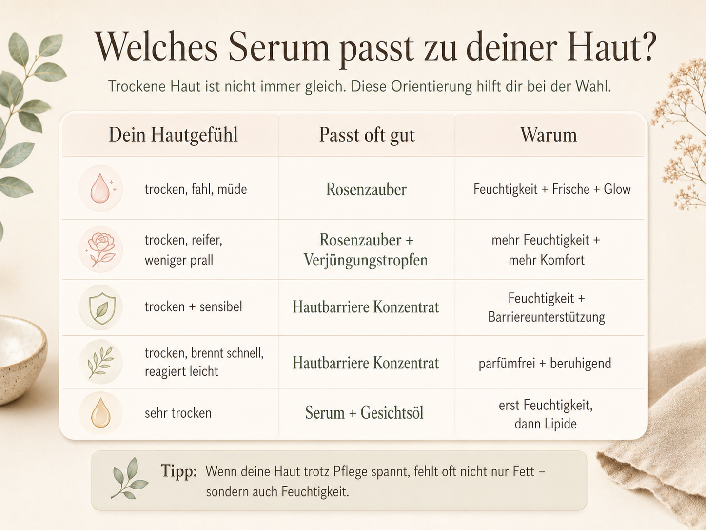 Entscheidungshilfe: Welches Serum passt zu trockener Haut, Rosenzauber oder Hautbarriere Konzentrat