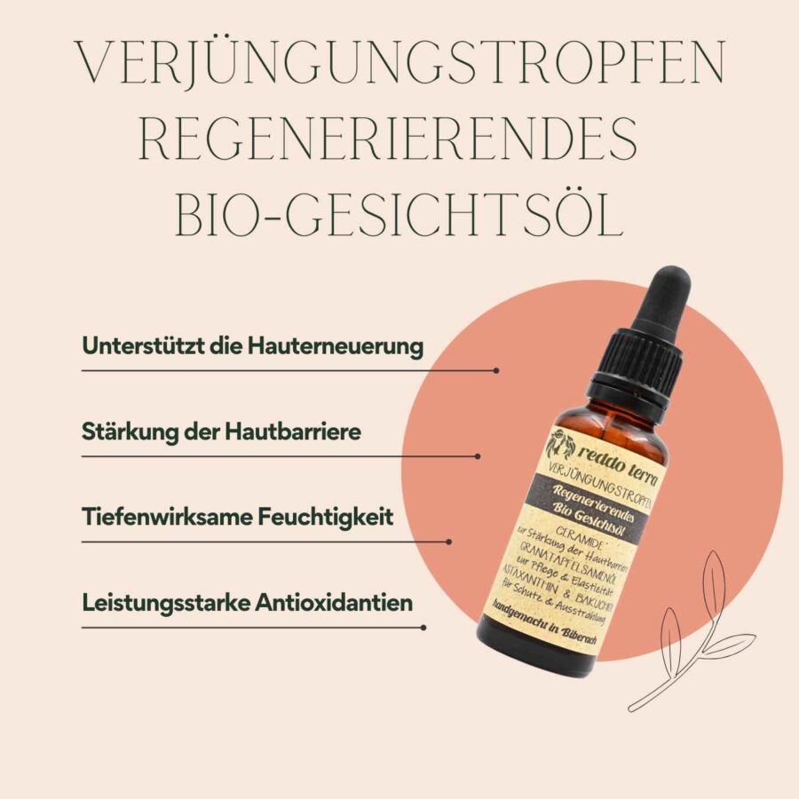 Die kraftvollen Inhaltsstoffe von Verjüngungstropfen: Bakuchiol, Ceramide, Granatapfelsamenöl & Astaxanthin.