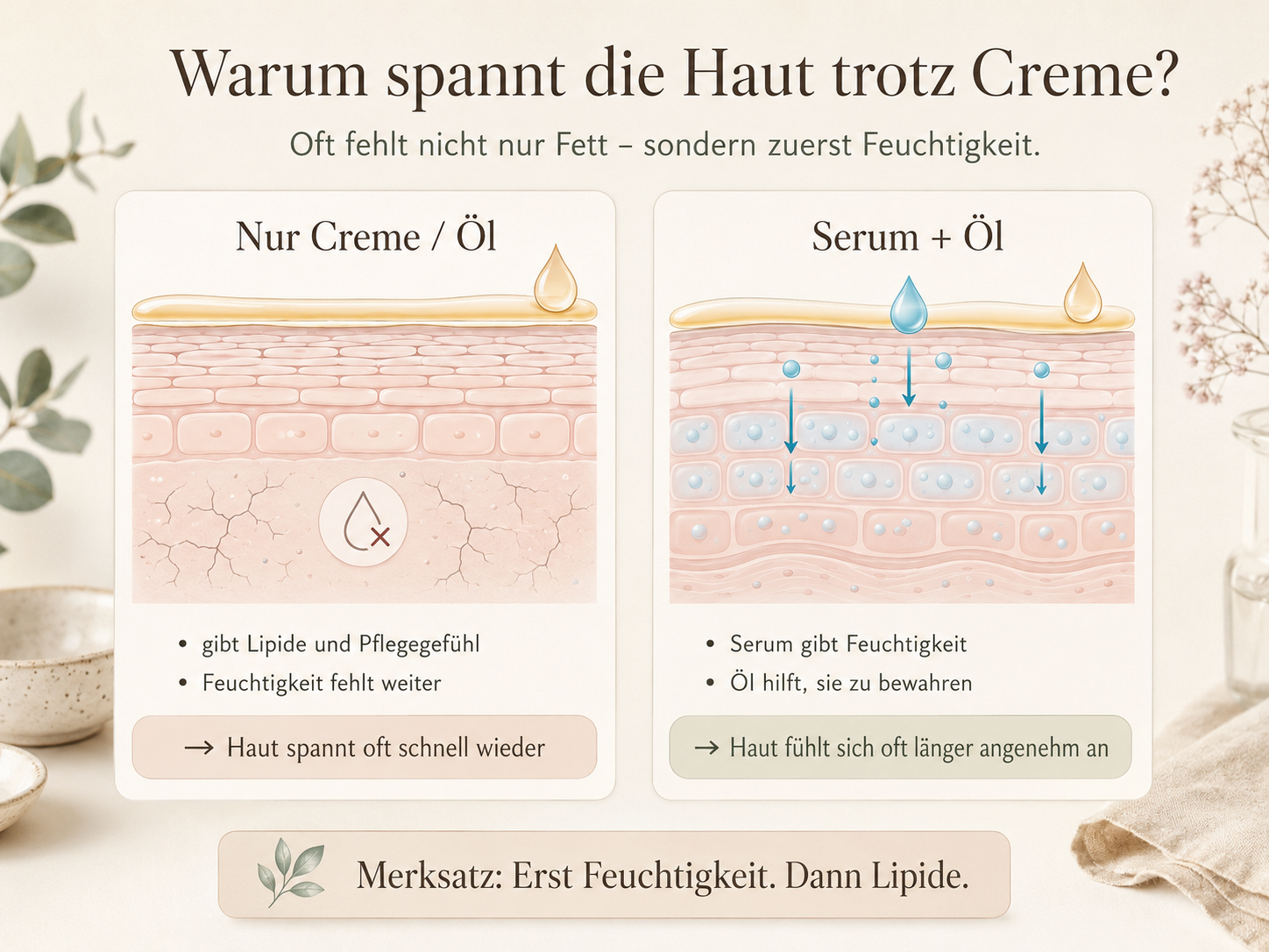 Warum trockene Haut trotz Creme spannt: Feuchtigkeit und Lipide einfach erklärt