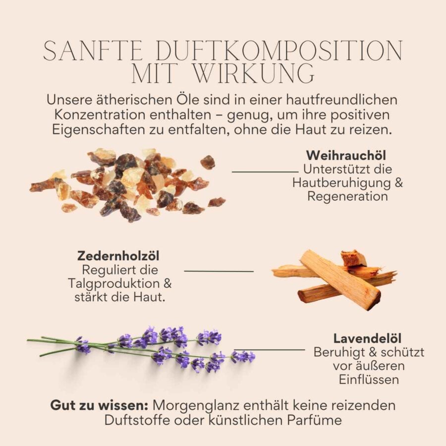 Ätherische Öle im Morgenglanz Gesichtsöl: Weihrauch-, Zedernholz- & Lavendelöl – sanft, hautberuhigend & antioxidativ.