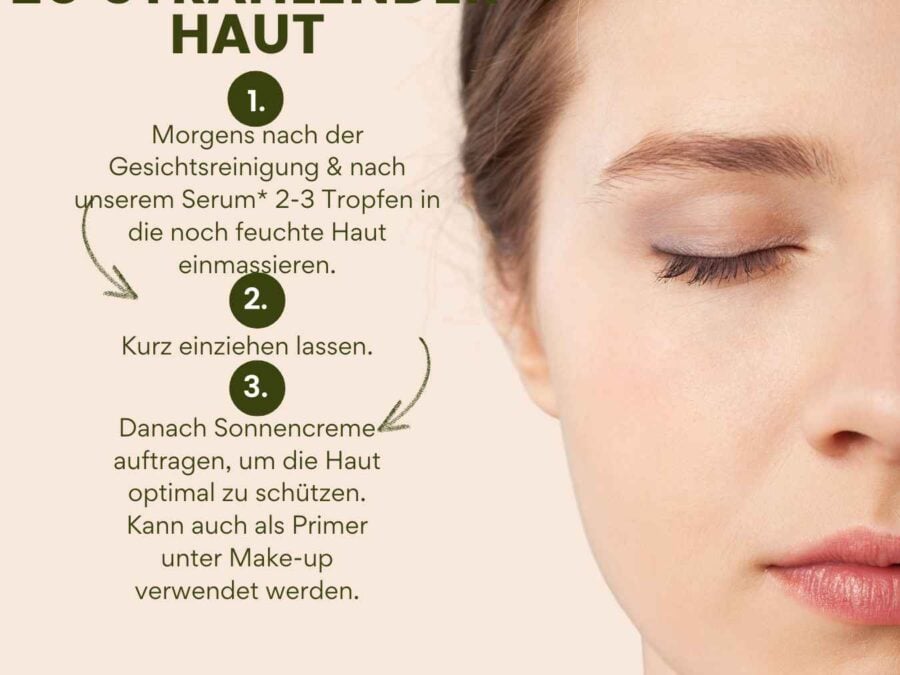 Morgenglanz Gesichtsöl richtig anwenden: Nach der Reinigung auf feuchte Haut auftragen, sanft einmassieren & mit Sonnenschutz kombinieren.