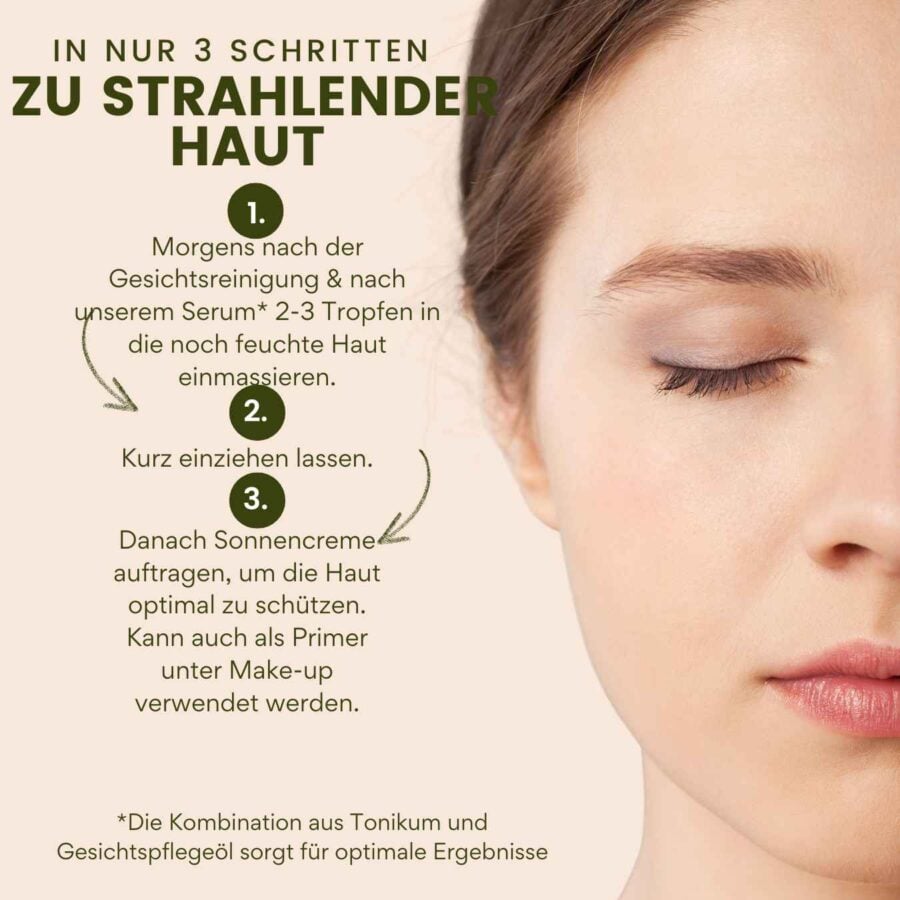Morgenglanz Gesichtsöl richtig anwenden: Nach der Reinigung auf feuchte Haut auftragen, sanft einmassieren & mit Sonnenschutz kombinieren.