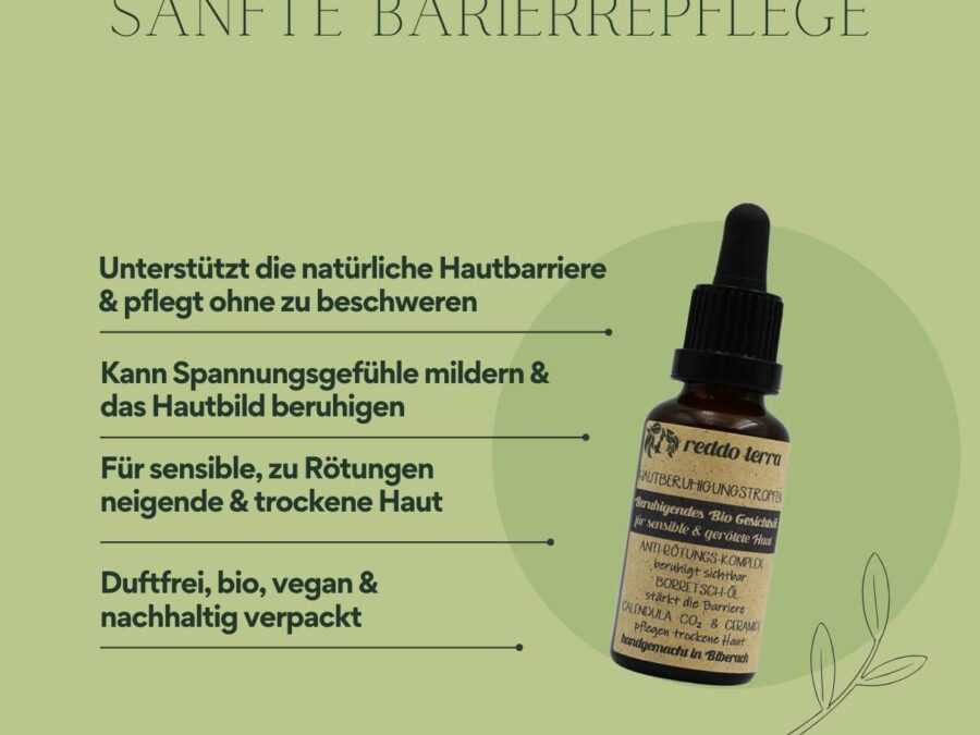 Flatlay mit pflanzlichen Oelen und Wirkstoffen des beruhigenden Gesichtsöls für sensible Haut