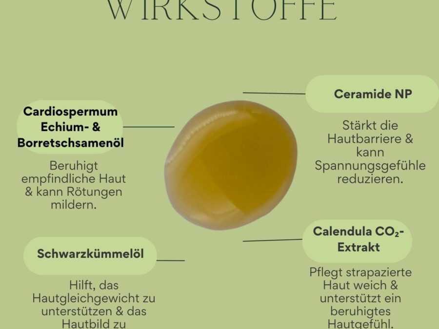 Grafik zu den Wirkstoffen der Hautberuhigungstropfen mit Defensil-Trio, Ceramiden, Schwarzkümmeloel und Calendula