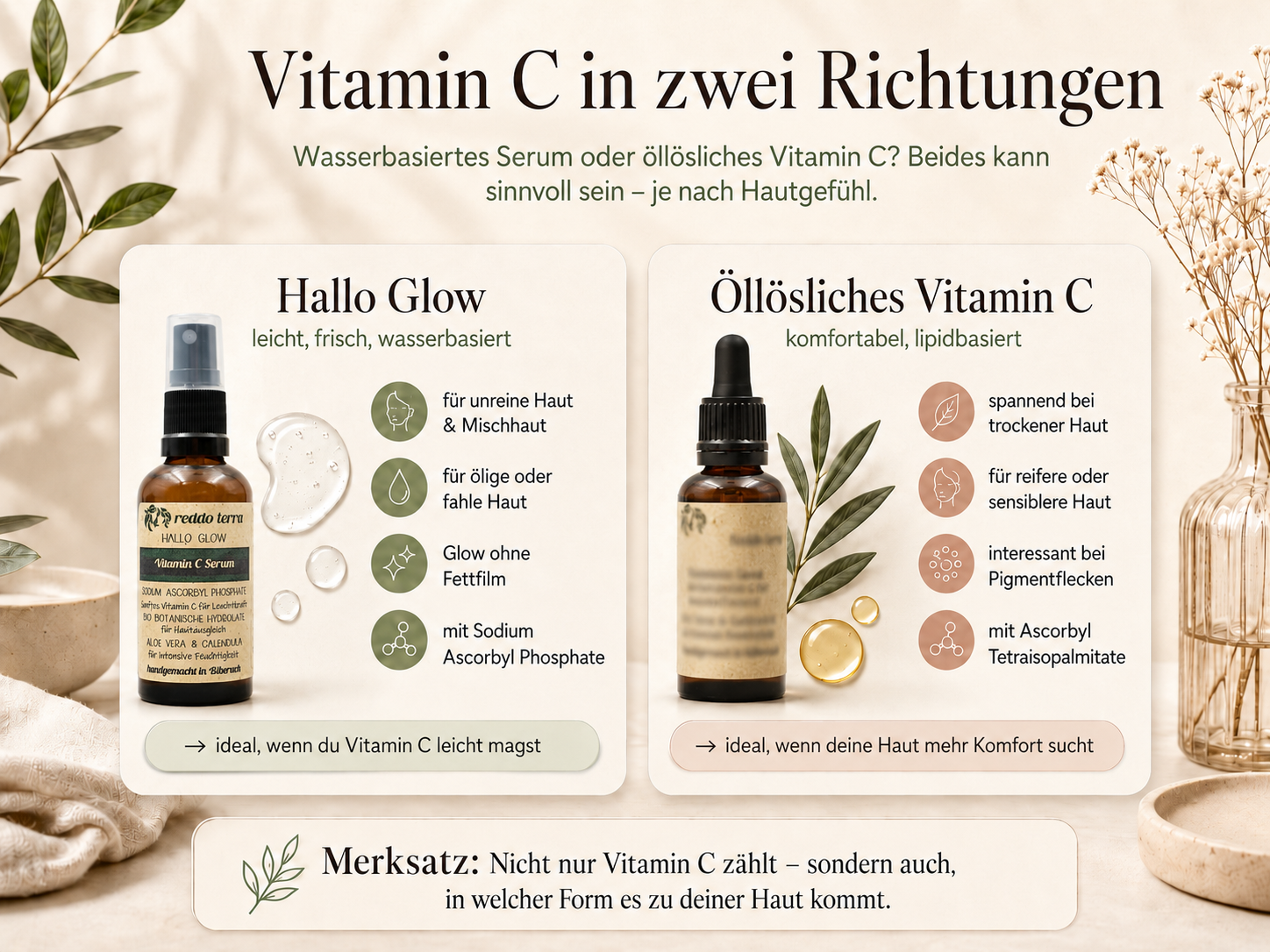 Vitamin C in zwei Richtungen: wasserbasiertes Serum mit Sodium Ascorbyl Phosphate oder öllösliches Vitamin C mit Ascorbyl Tetraisopalmitate