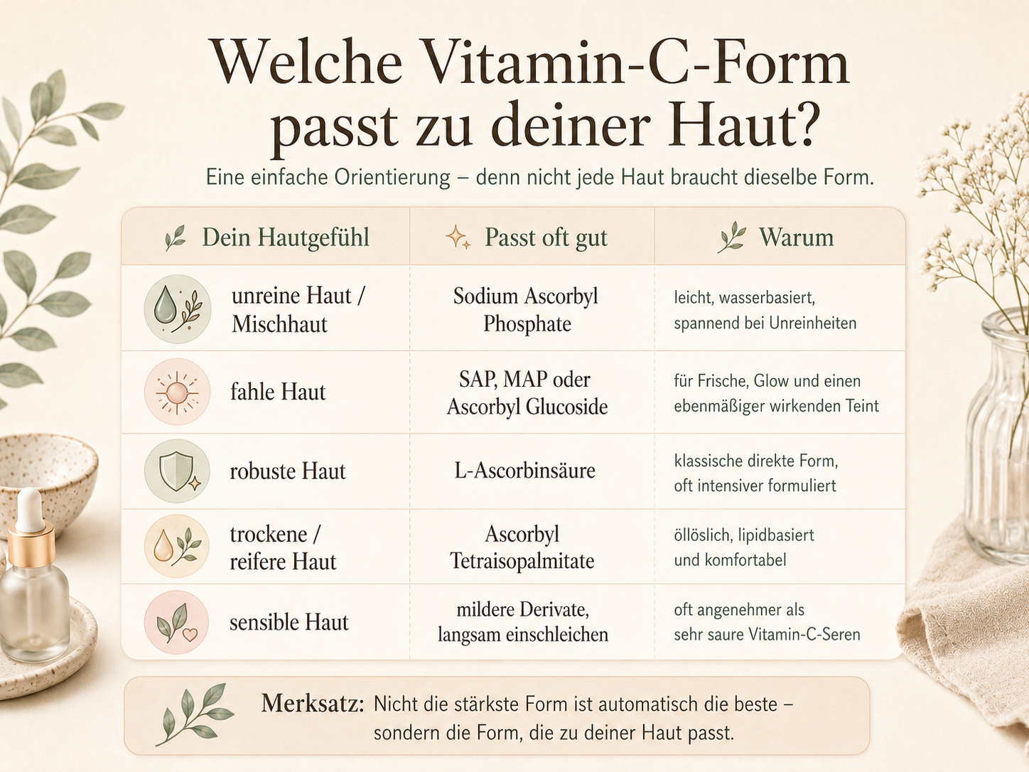 Welche Vitamin-C-Form passt zu unreiner, fahler, robuster, trockener oder sensibler Haut