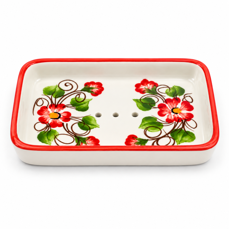 Floral Red Rimmed Ceramic Soap Dish