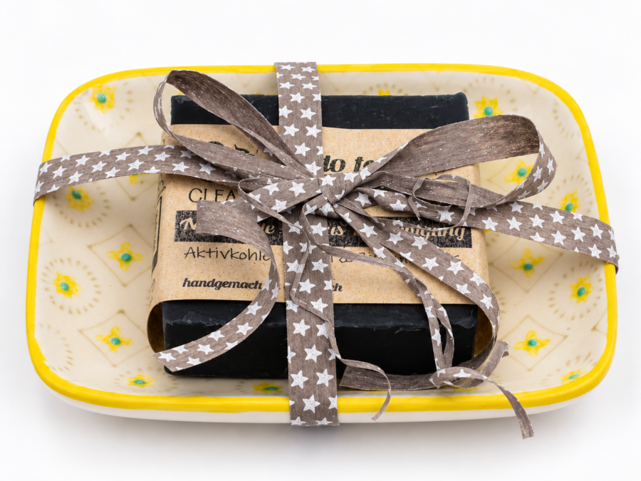 Naturkosmetik Geschenkset: Aktivkohle Naturseife & Keramik-Seifenschale