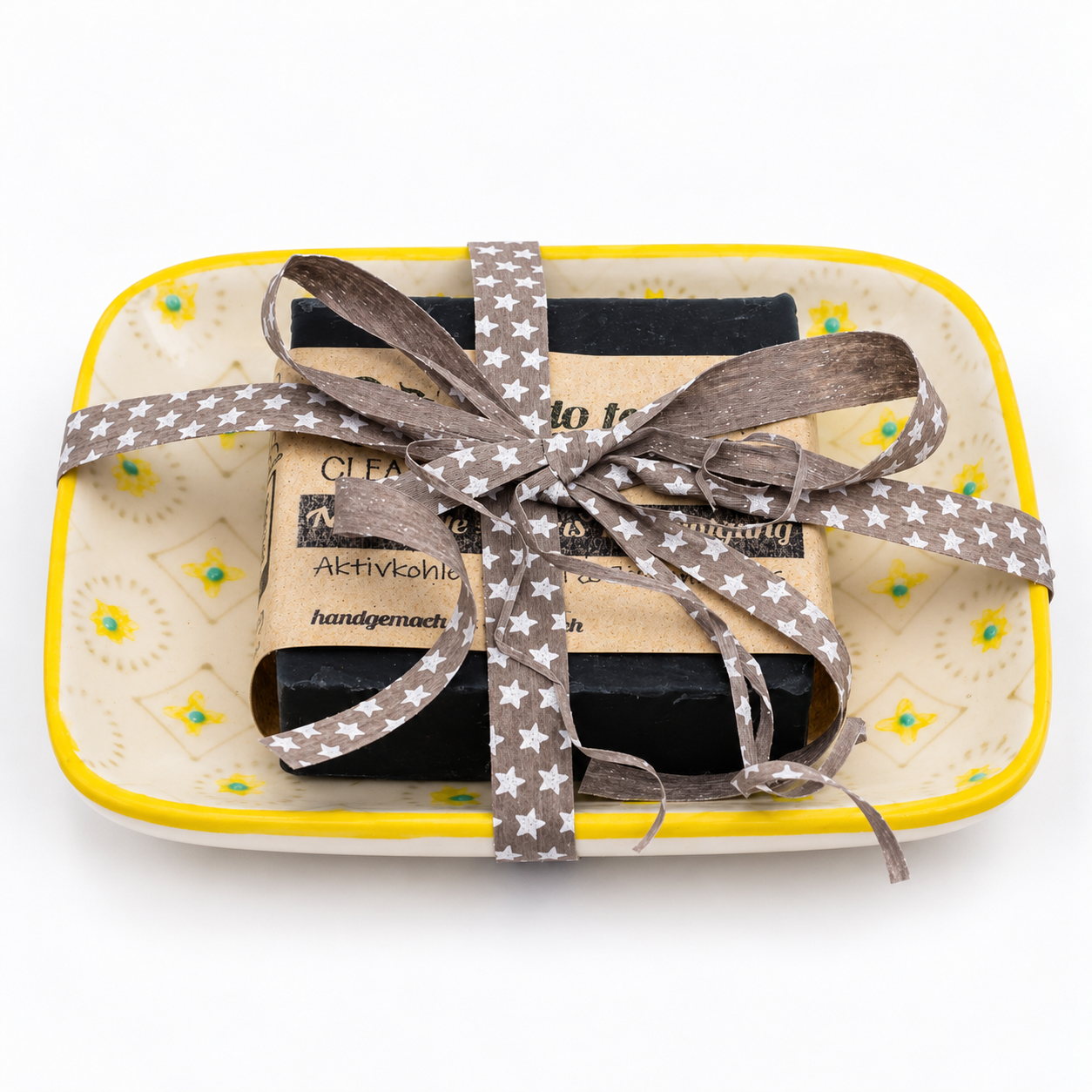 Naturkosmetik Geschenkset: Aktivkohle Naturseife & Keramik-Seifenschale